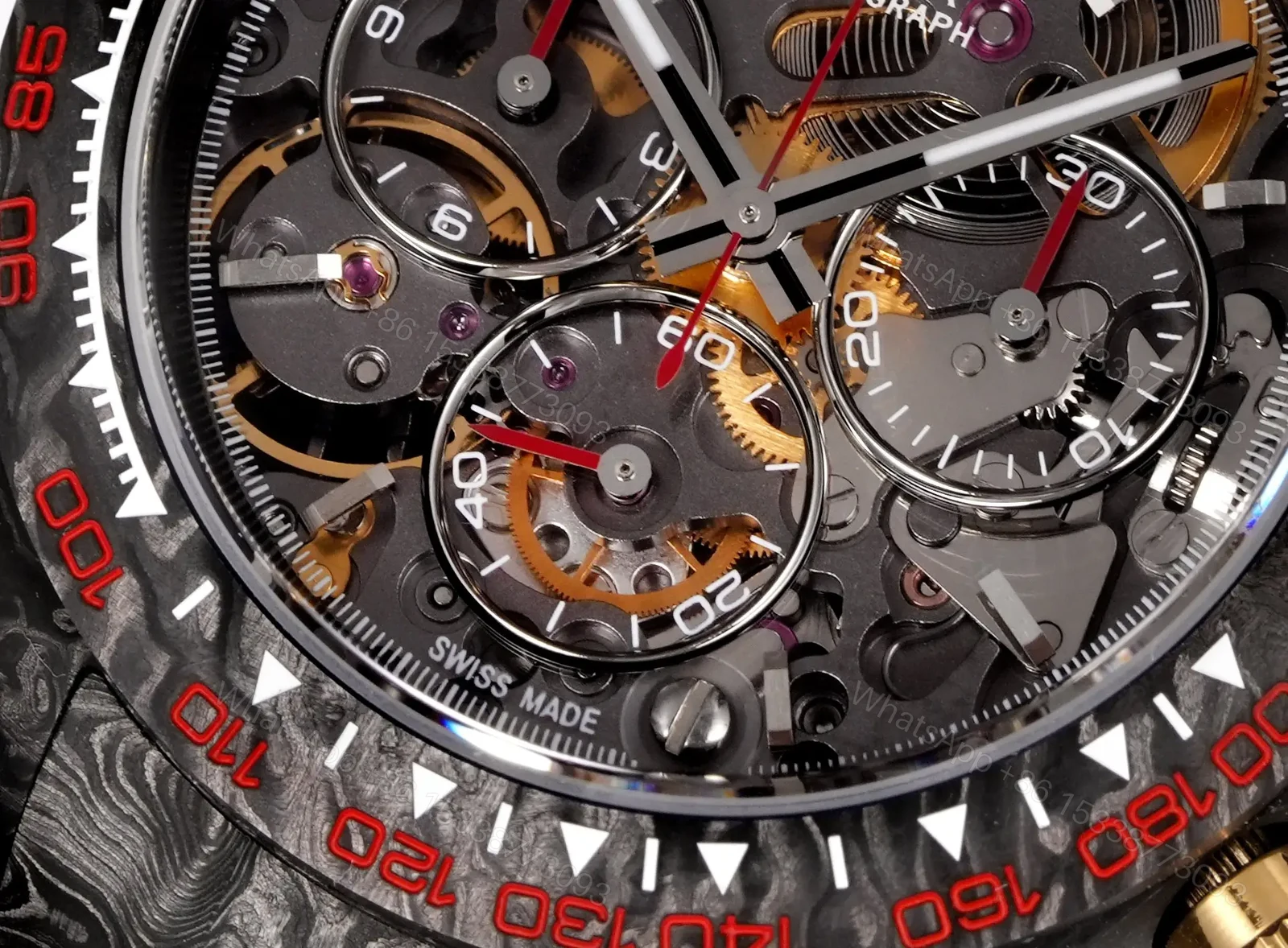 View 5 of Rolex Daytona DiW Carbon Skeleton Red Accents Replica Watch 116500LN-RED