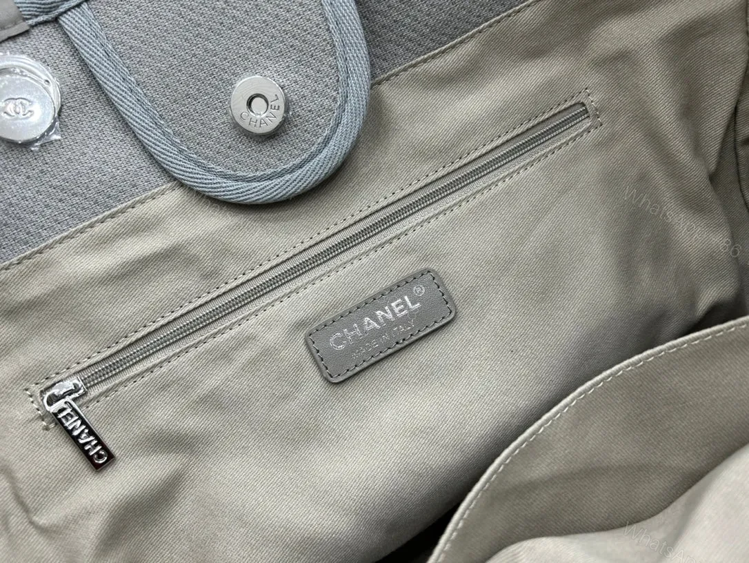View 6 of CHANEL CC DEAUVILLE LARGE 38 TOTE BAG IN GREY CANVAS WITH WHITE LOGO