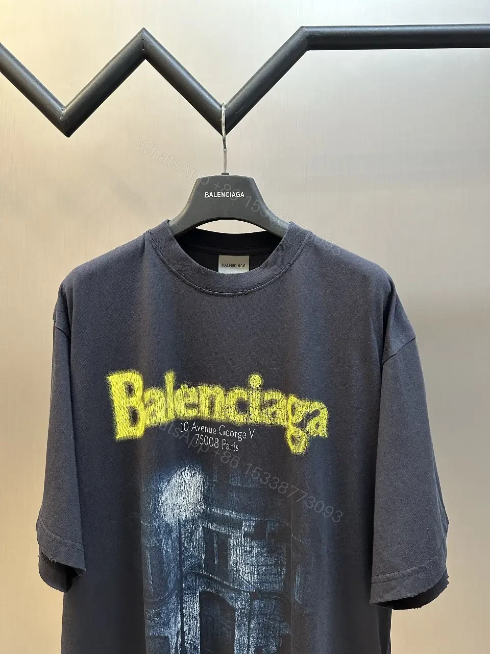 View 11 of Dark Navy/Black Oversized Tee with Yellow Balenciaga Logo Graphic