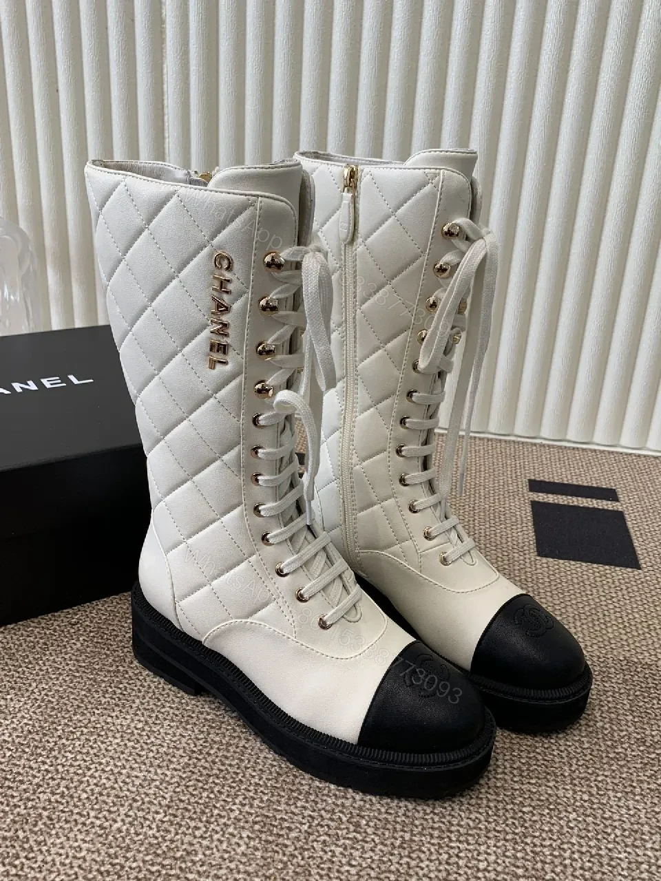View 5 of Off-White & Black Leather Combat Boots with Luxe Lug Sole