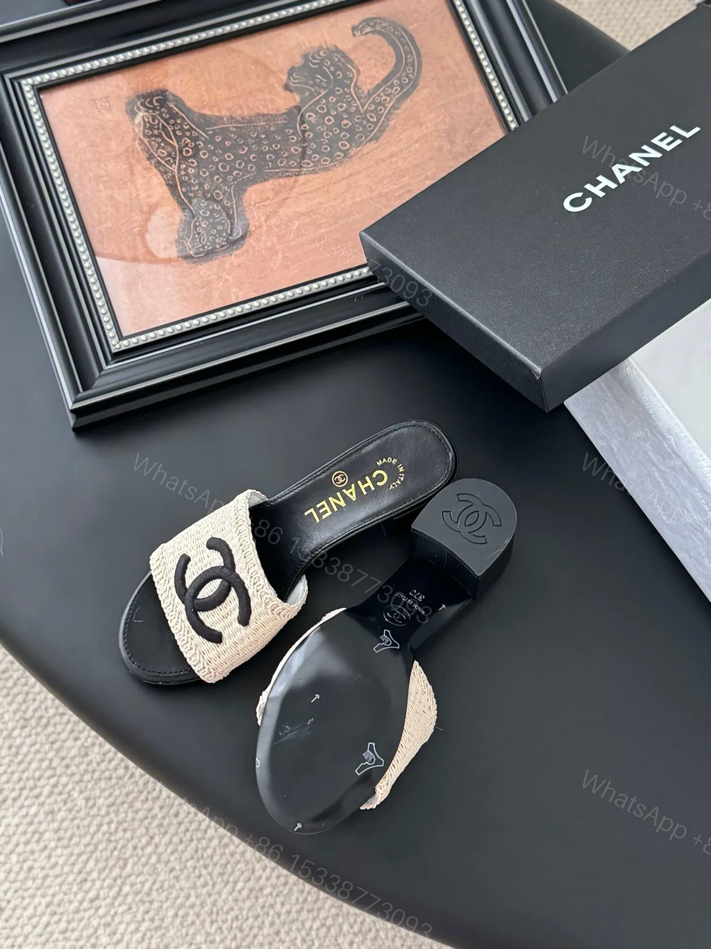 View 5 of Chanel Women Beige Woven Fabric Black Leather Slides