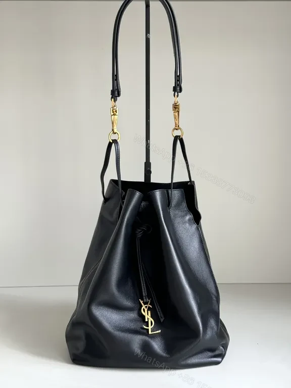 Chic Leather Drawstring Bucket Bag with Gold Accent — view 1