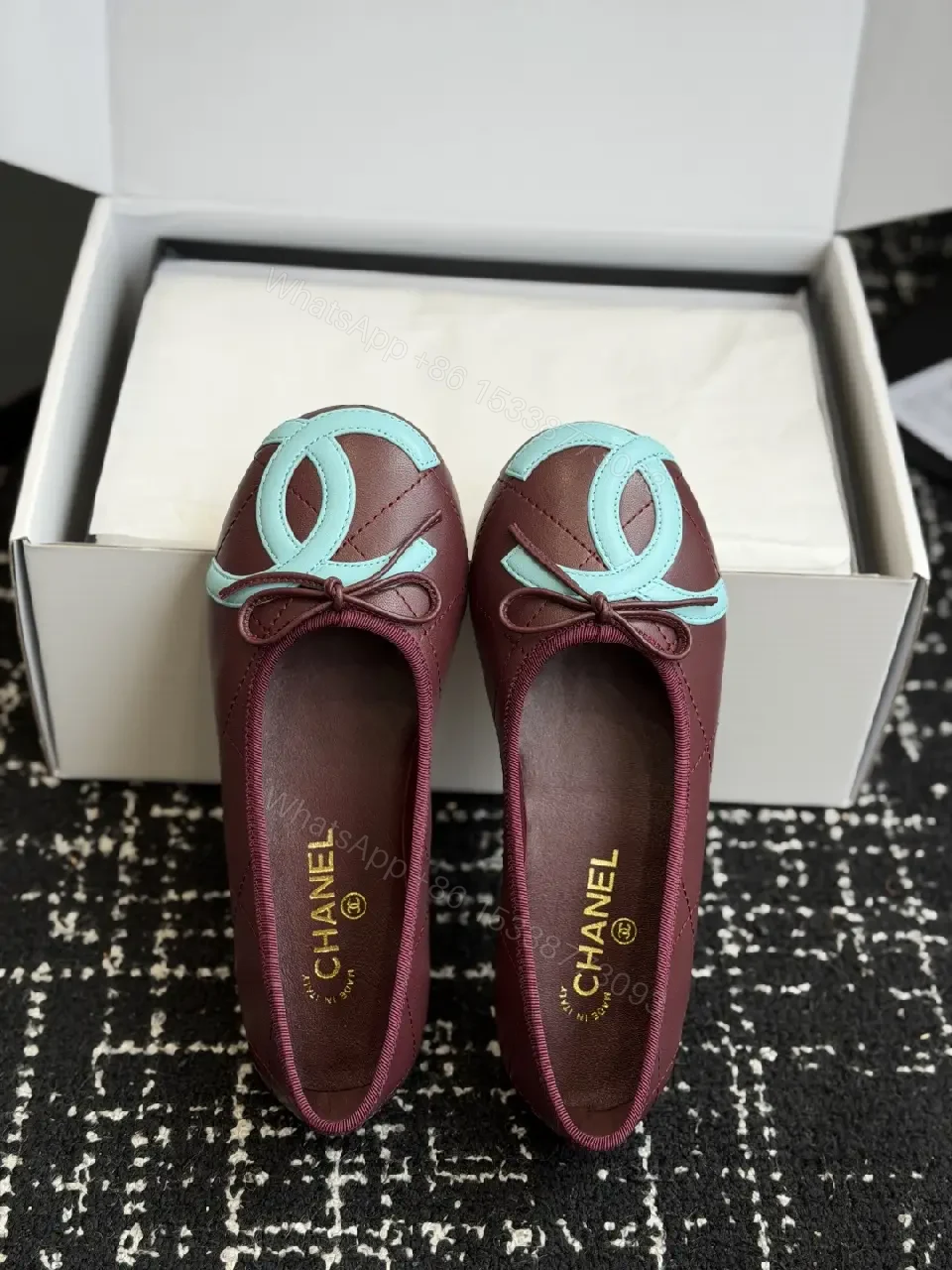View 7 of Burgundy Leather Ballet Flats with Aqua Chanel Logo Details
