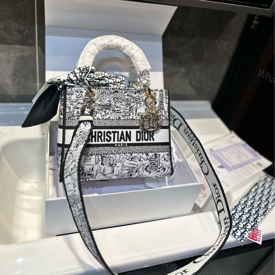 View 2 of DIOR MEDIUM LADY D LITE BAG PARIS ALLOVER EMBROIDERY WHITE AND BLACK 24CM M0565OEGI M933