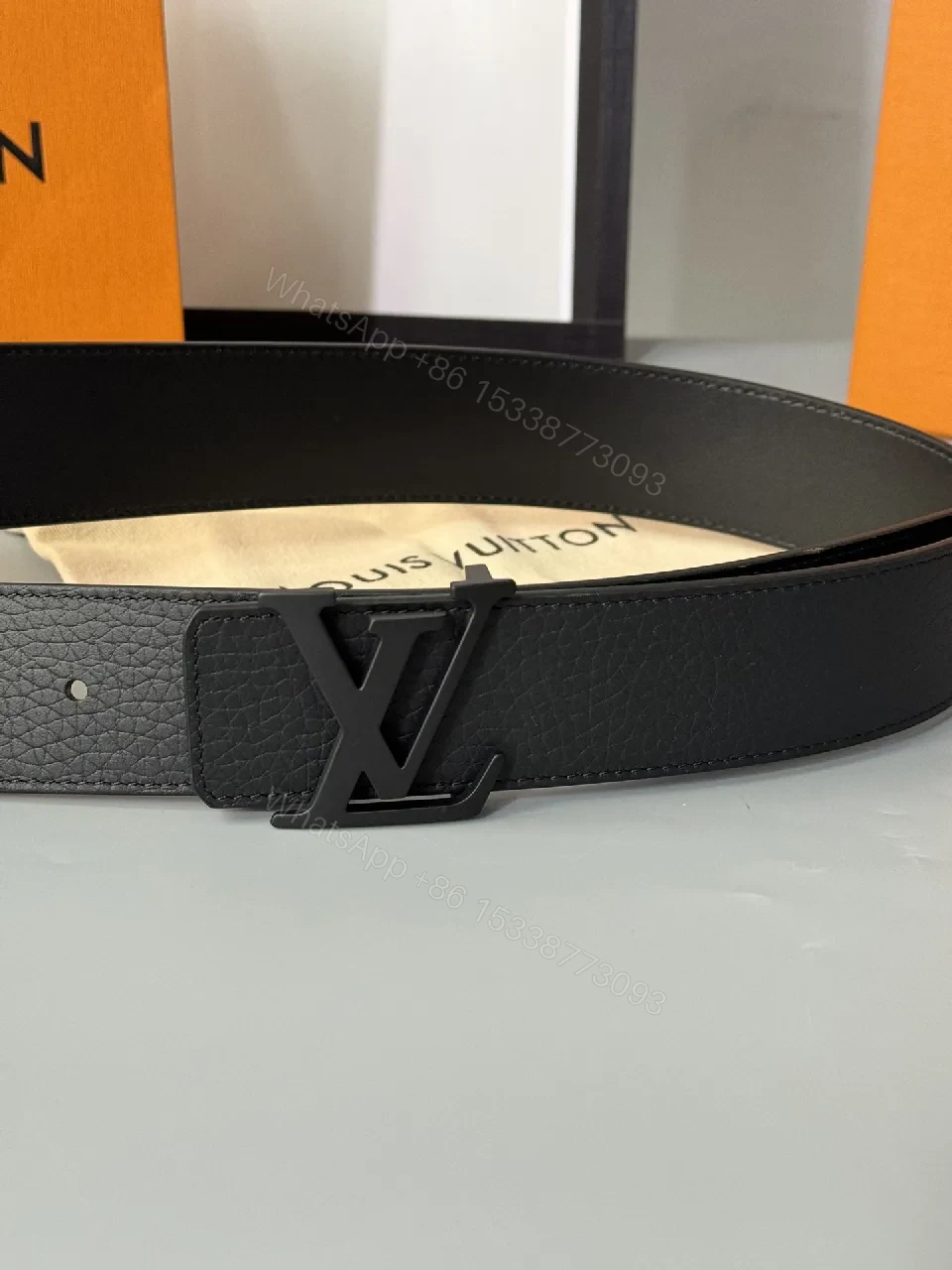 View 8 of Minimalist Black Leather Belt with Subtle LV Buckle