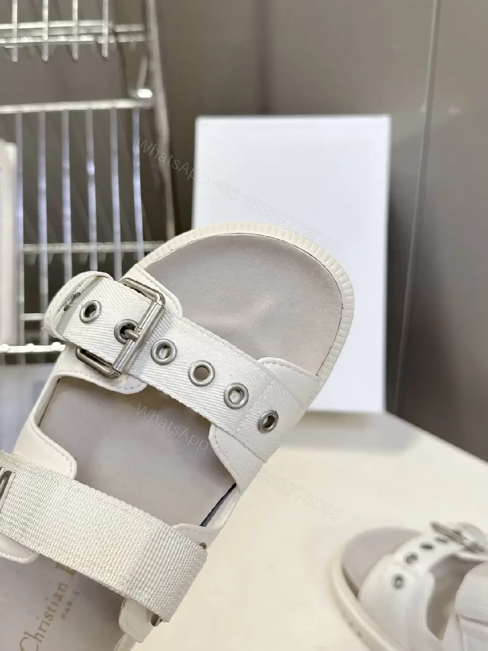 View 4 of White Leather Sandals with Buckle Straps - Dior Inspired Style