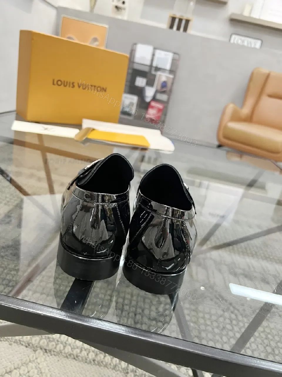 View 5 of Lux Black Patent Leather Loafers with Monogram Texture and Silv