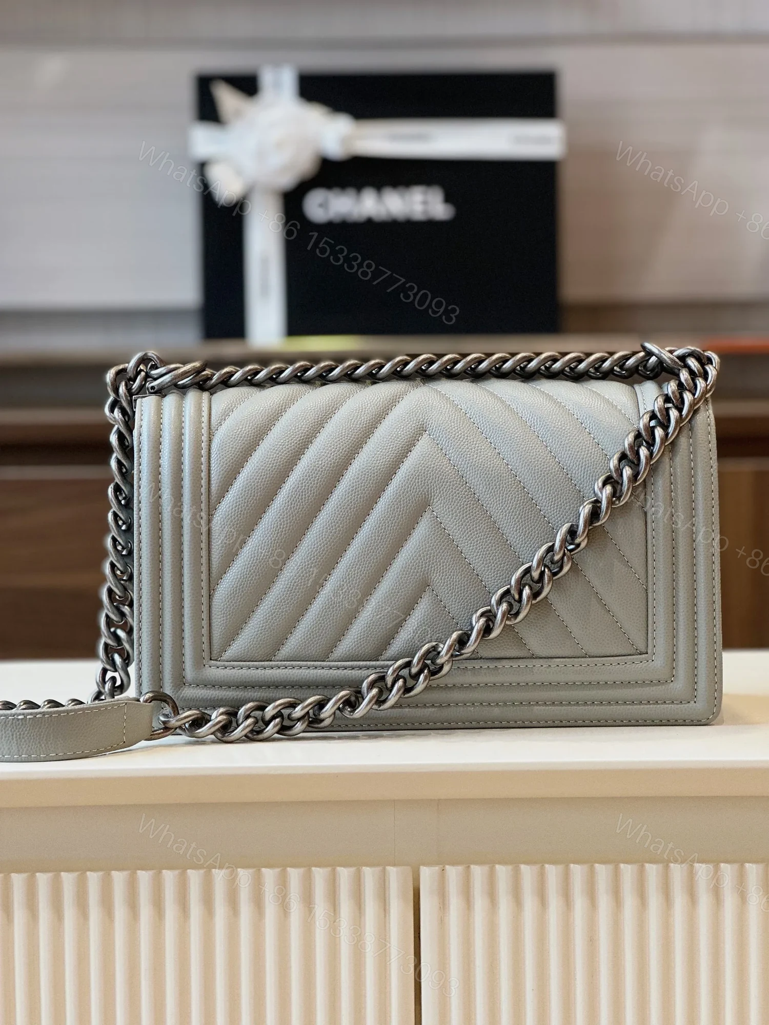View 5 of Chanel Boy Medium Handbags Grey Leather With Silver Lock 25cm