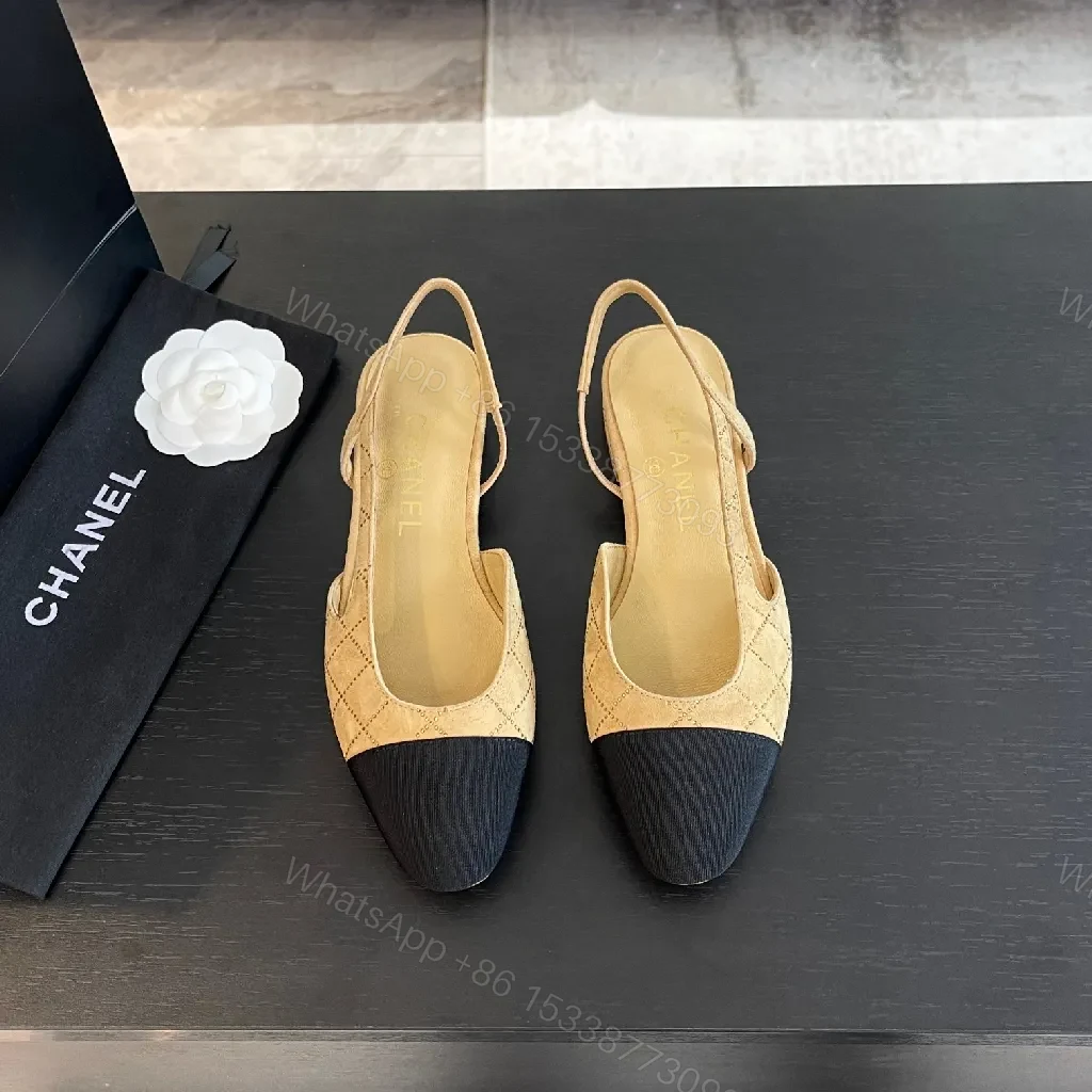 View 6 of Quilted Slingback Pumps: Tan & Navy Cap Toe, Heeled Comfort