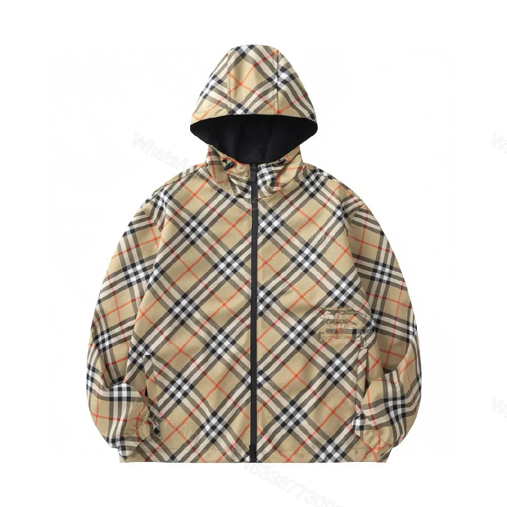 Beige-Black-Orange Check Lightweight Windbreaker, Casual Style — view 1