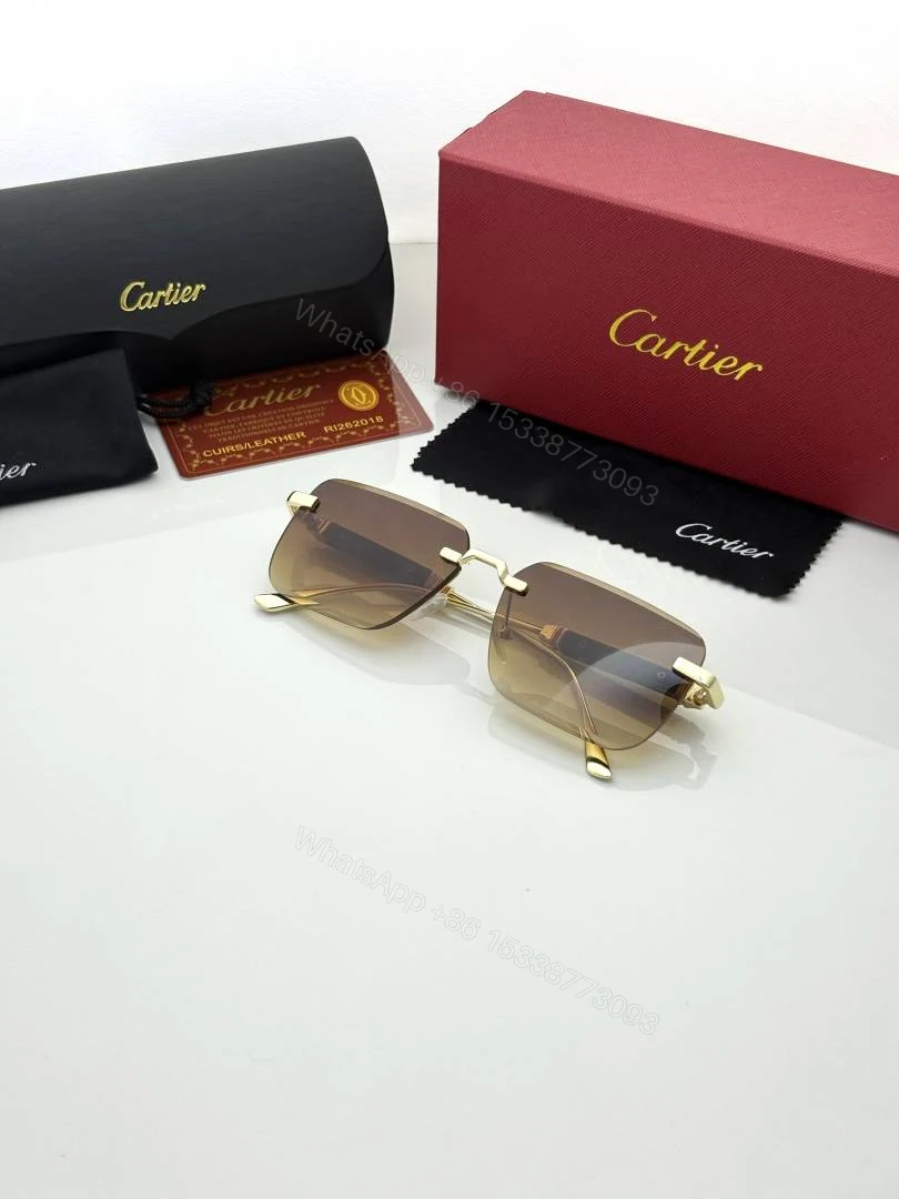 View 3 of First Copy Cartier Rimless Gold Square Sunglasses Brown Gradient Unisex UV Protection