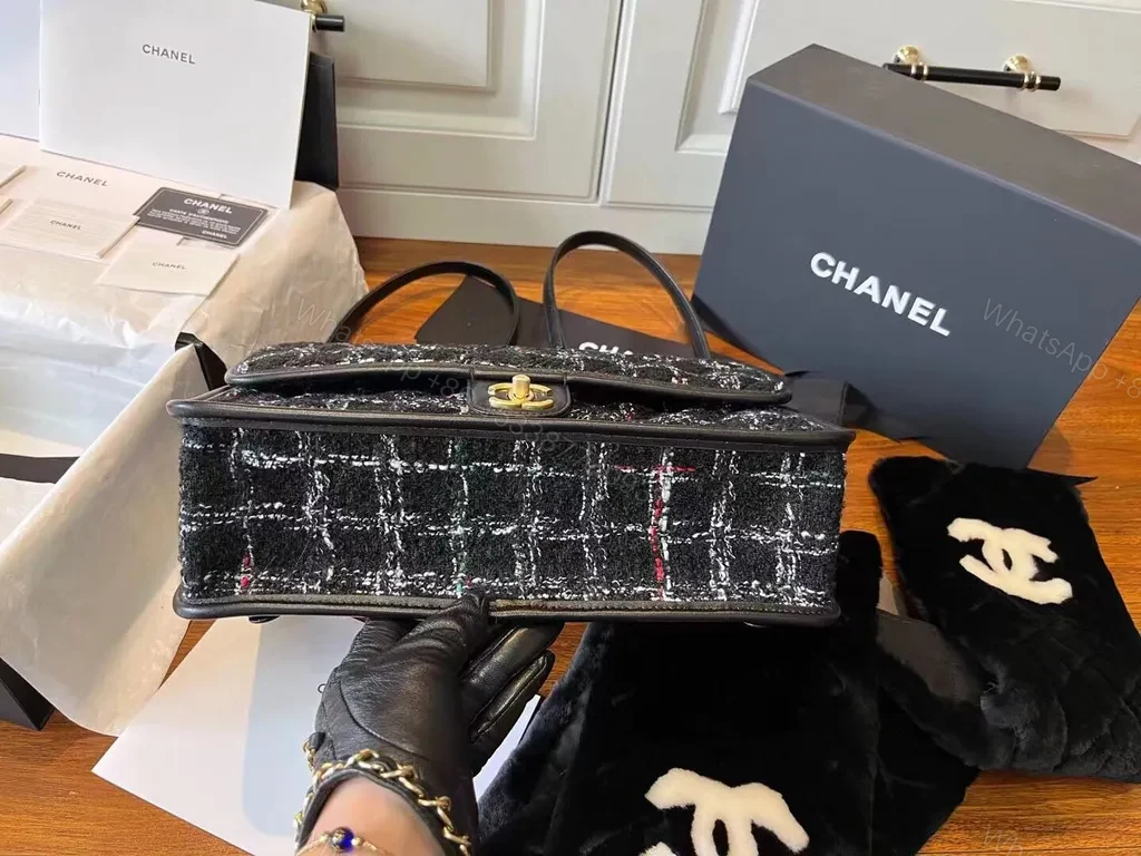 View 7 of Chic Tweed Satchel with Gold CC Hardware - Luxe Satchel