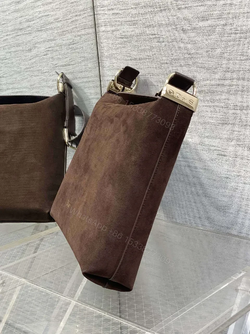 View 3 of Chic Minimalist Crossbody in Rich Brown Suede, Gold Hardware