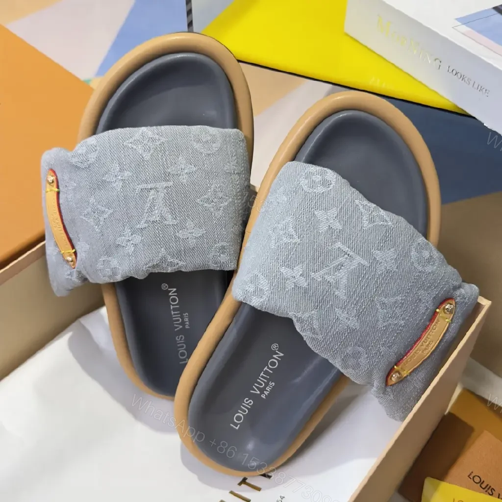 View 7 of Soft Denim Monogram Slides with Leather Accent — Everyday Luxury