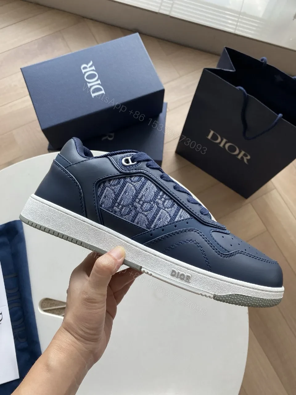 View 2 of Navy Leather Dior-Style Monogram Sneaker with Textured Panels