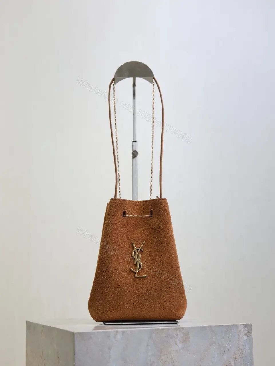 View 5 of Brown suede YSL-inspired shoulder bag with gold-tone chain strap