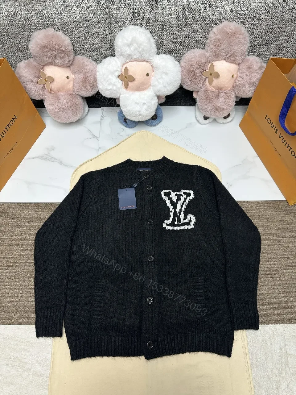Statement Cardigan with Monogram Knit, Black, Unisex, Button Front, Cardigan — view 1