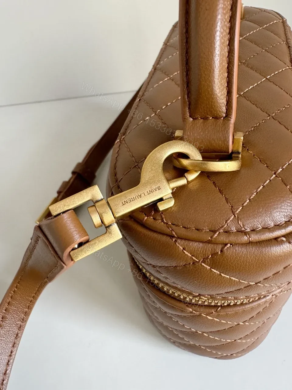 View 3 of Quilted Tan Mini Bag with Gold Hardware, Crossbody Style