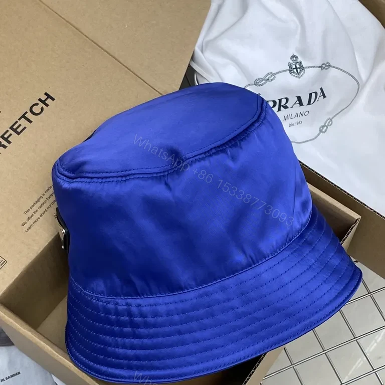 View 7 of Bold Cobalt Blue Nylon Bucket Hat â€“ Luxe Satin Finish, Prada Patch