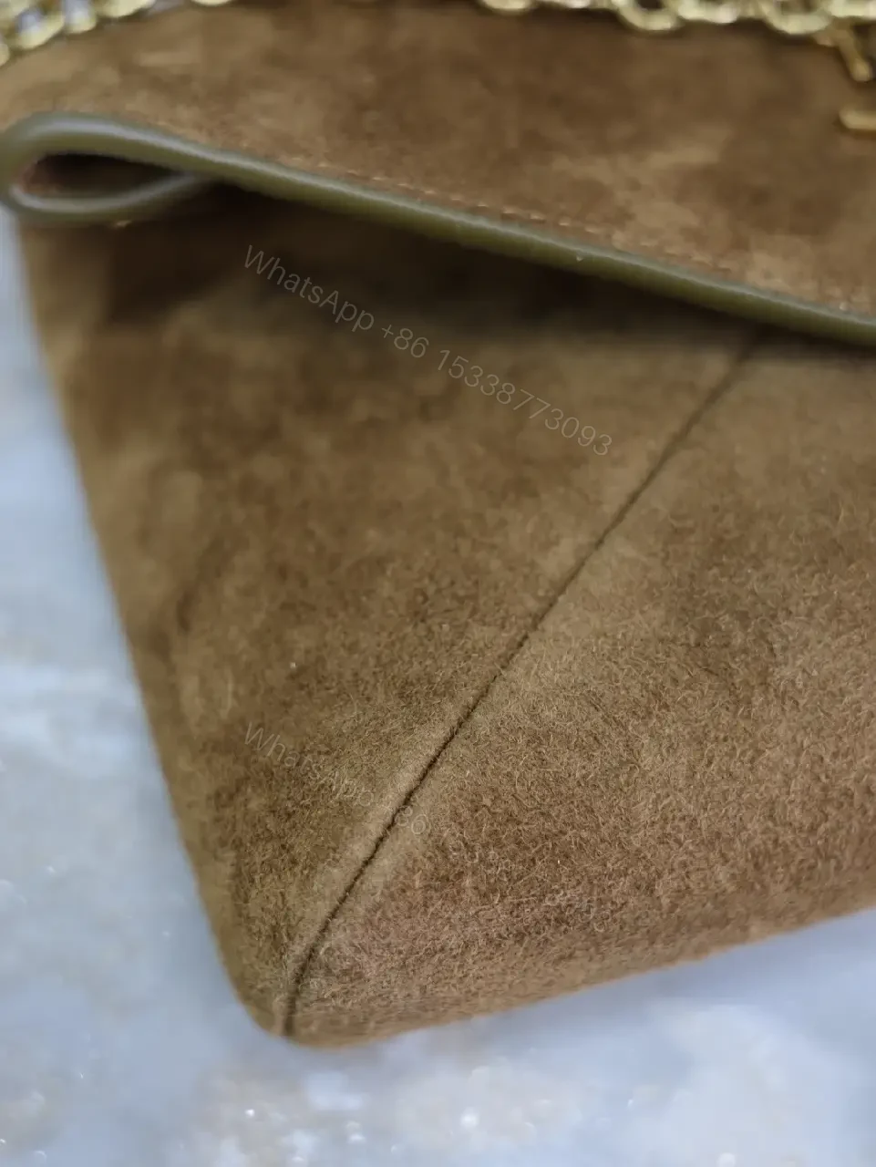 View 3 of Suede Cognac Envelope Bag with Gold Logo Clasp