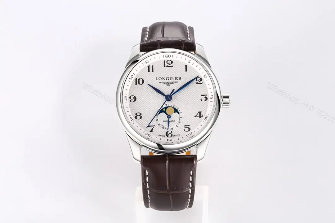 View 3 of Longines Master Collection Moon Phase 40mm Watch Silver Dial Blue Hands Brown Leather Strap
