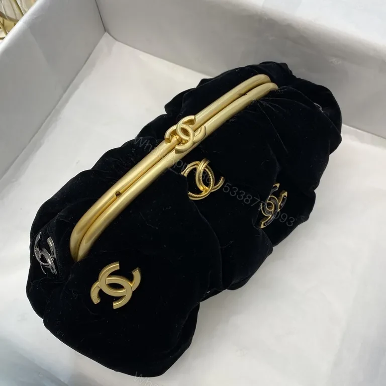 View 4 of Black Velvet Lounge Bag with Goldâ€“Silver Hardware Bag