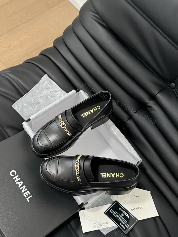 View 9 of Chanel-Inspired Leather Loafers with Gold Chain Detail