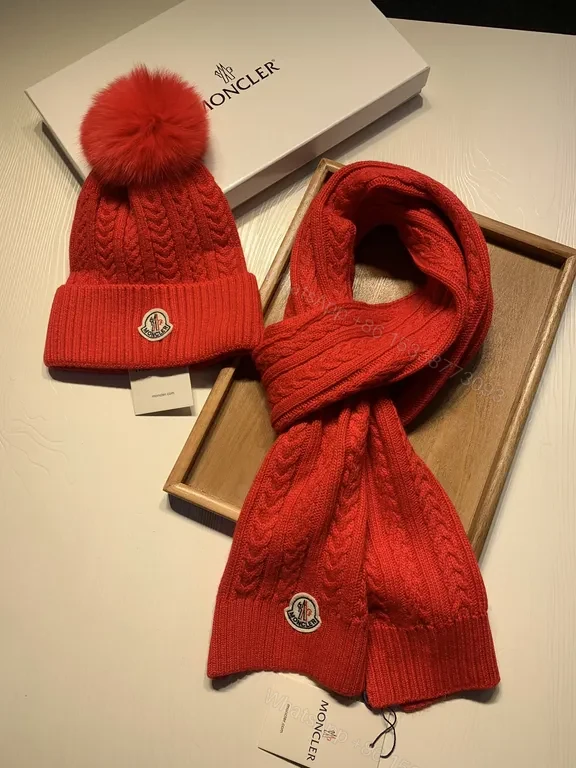 Bold Red Cable Knit Beanie + Scarf Set by Moncler, Unisex Premium Knit — view 1
