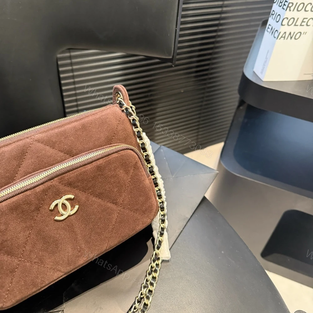 View 5 of Chanel Clutch With Strap Velvet Effect Nylon Glossy Wrinkled And Gold Metallic Brown 20Cm