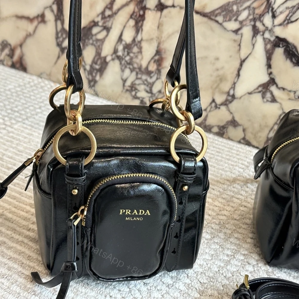 View 3 of PRADA DANGLE LEATHER TOP HANDLE MINI BAG BLACK 16CM 1BB137 2CYR F0002 V OOO