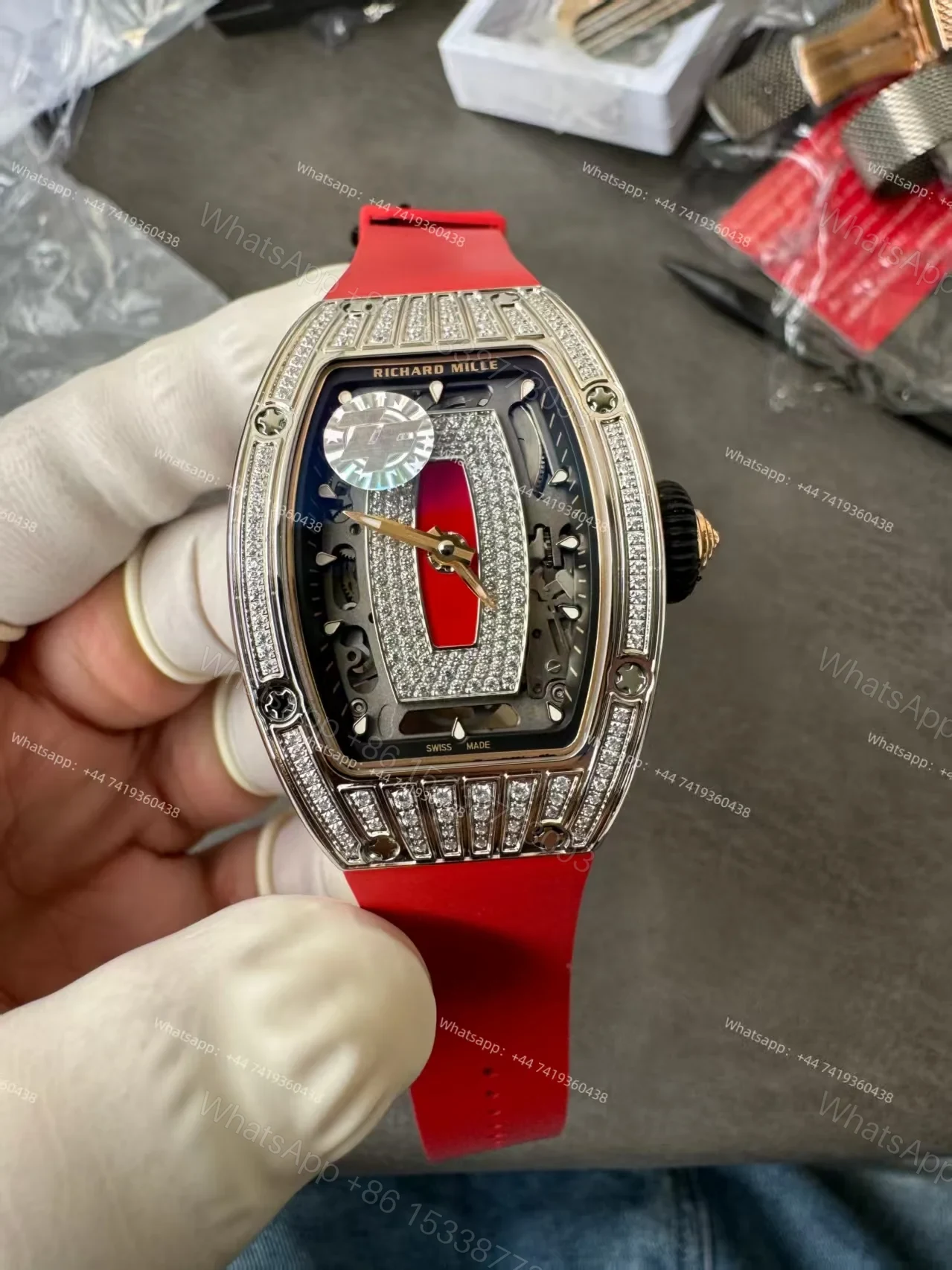 View 3 of Super Clone Richard Mille RM 07 Full Diamond 1:1 Replica Watch with Red Rubber Strap