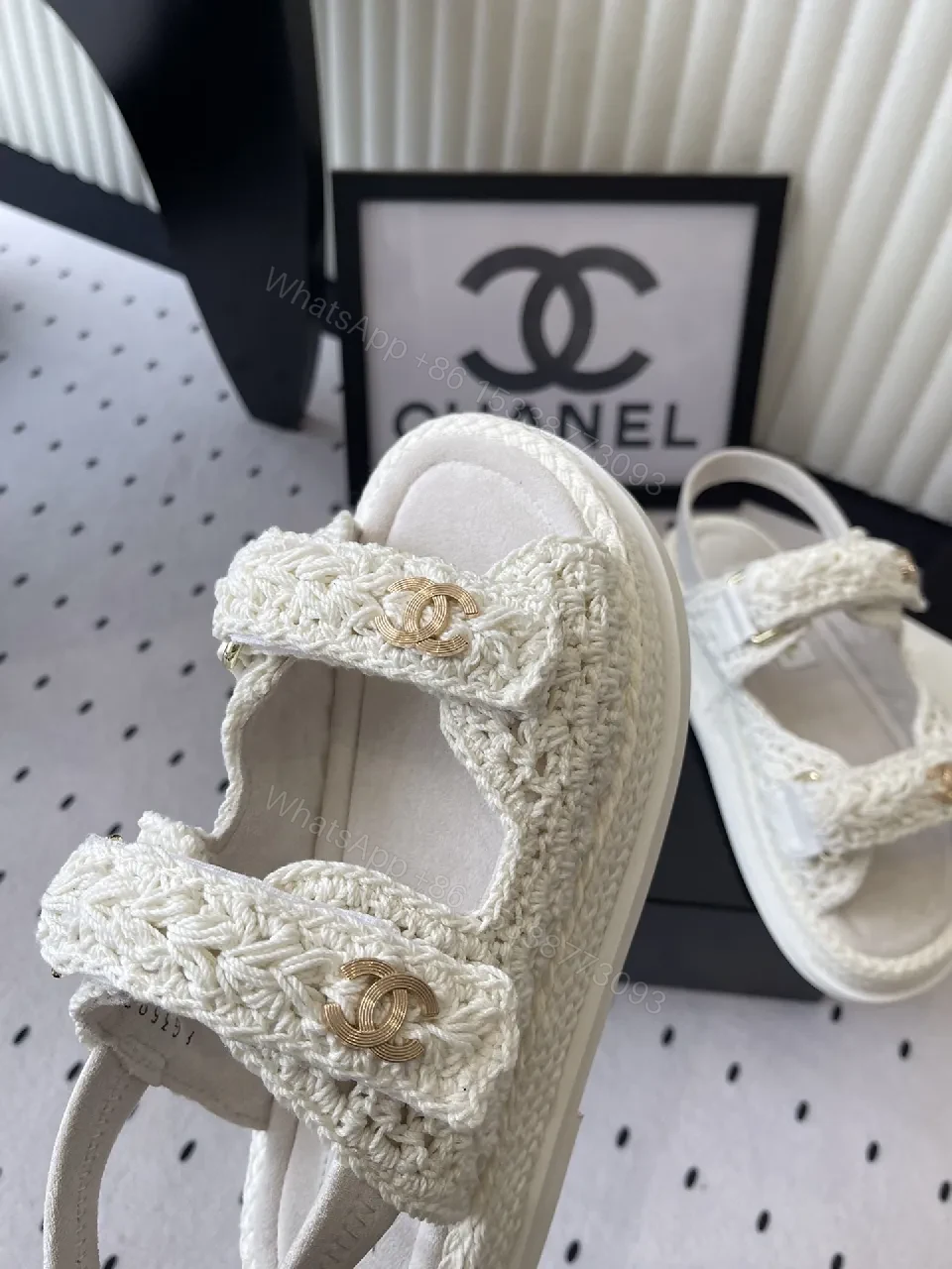 View 7 of Ivory Knit Sandals with Gold Logo - Couture-Style Comfort