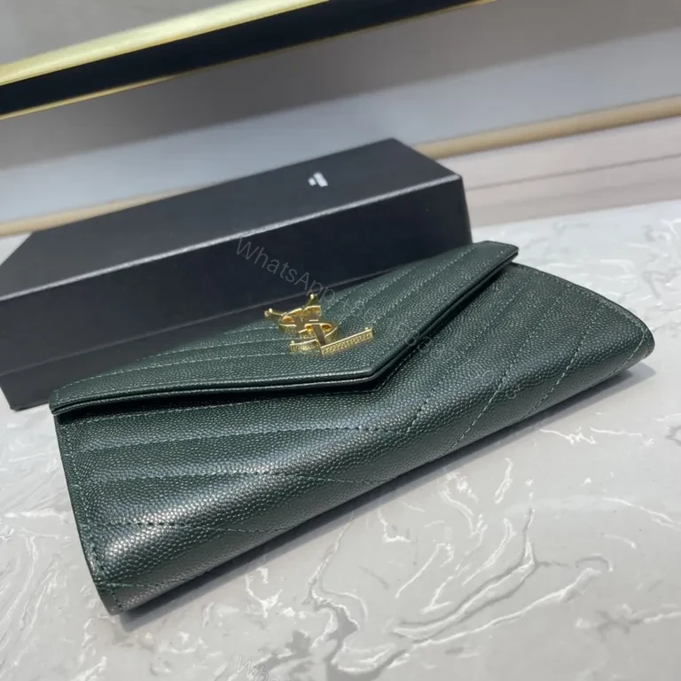 View 3 of Emerald Chevron Leather Wallet by YSL, Compact Luxury