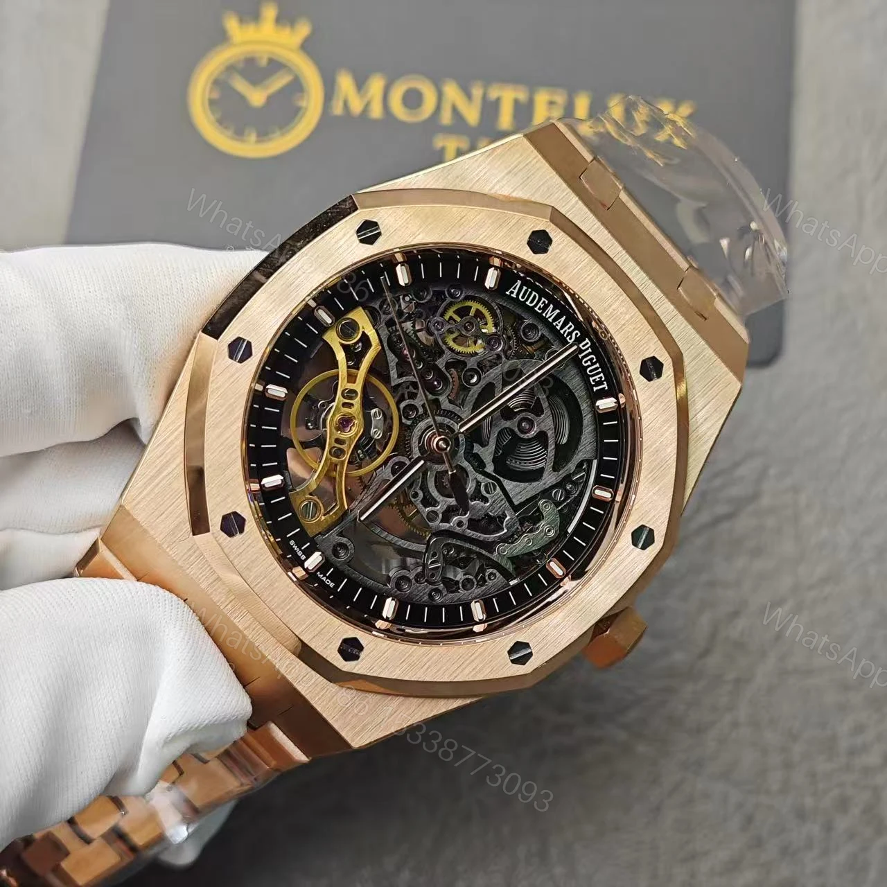 View 3 of Audemars Piguet Royal Oak Skeleton Rose Gold Ref15407 Super Clone Replica