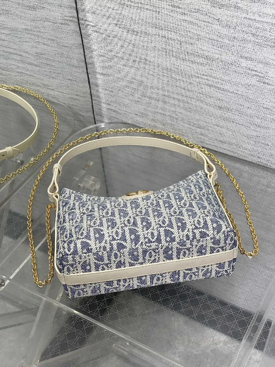 View 8 of Blue Denim Luxe Mini Bag - Gold Hardware, Structured Chic, Everyday