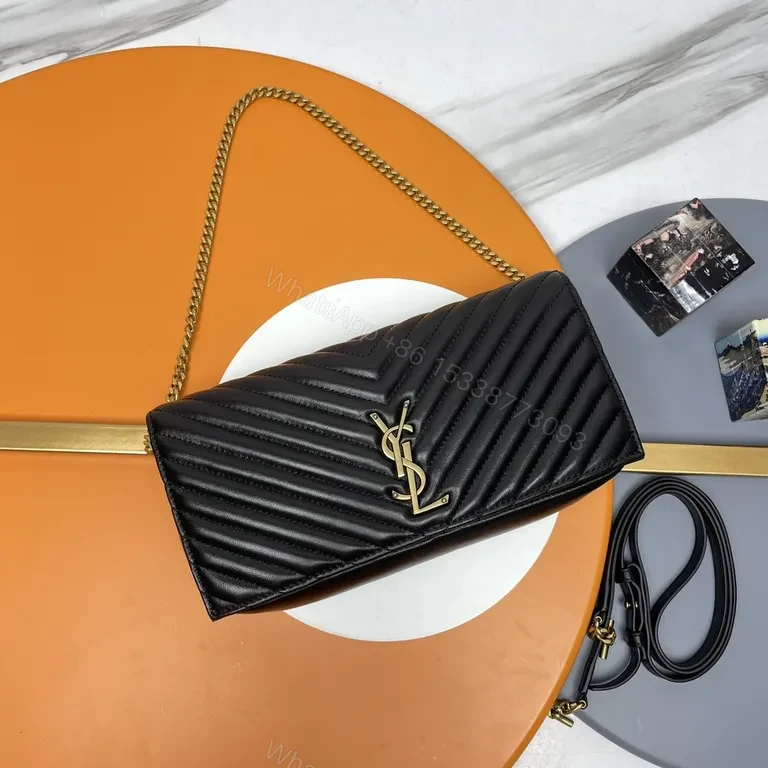 Quilted Noir Leather Crossbody Bag with Gold YSL Accent — view 1