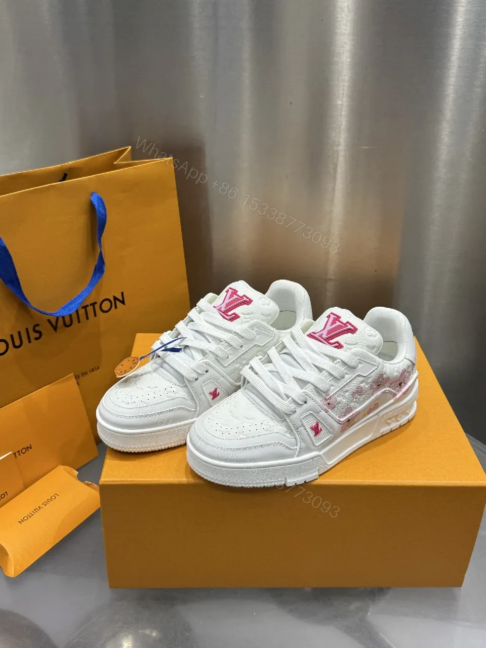 White Leather Low-Top Trainer with Pink Embroidery Detail — view 1