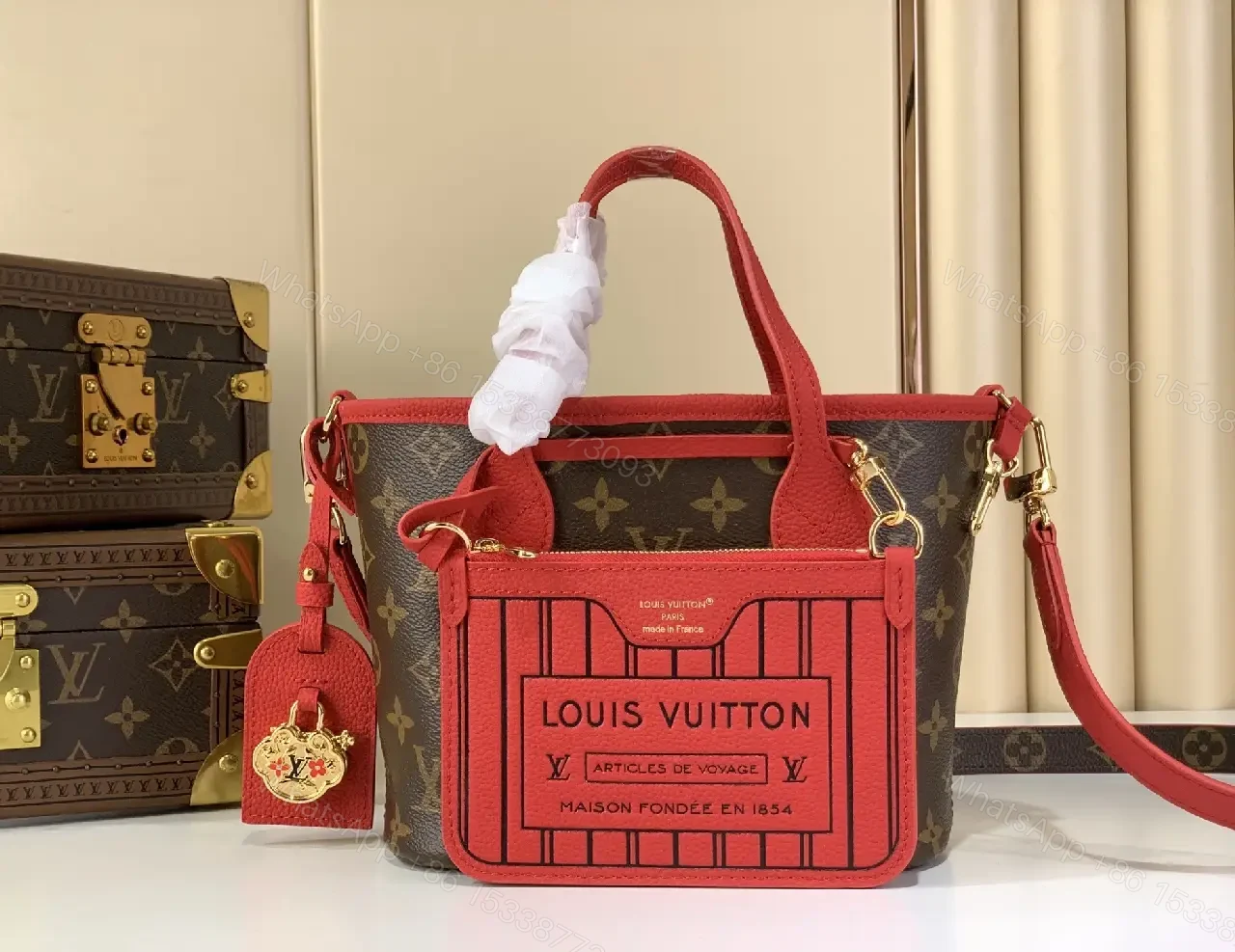 View 10 of Monogram Tote in Red Leather Trim, Structured Luxury Tote