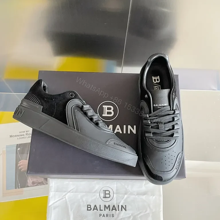 View 5 of Monochrome Mastery: Black Leather Balmain Sneaker, Luxury Casual