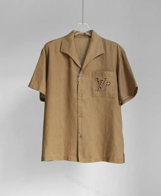 Light Brown Heathered Camp Shirt with LV Embroidered Pocket — view 1