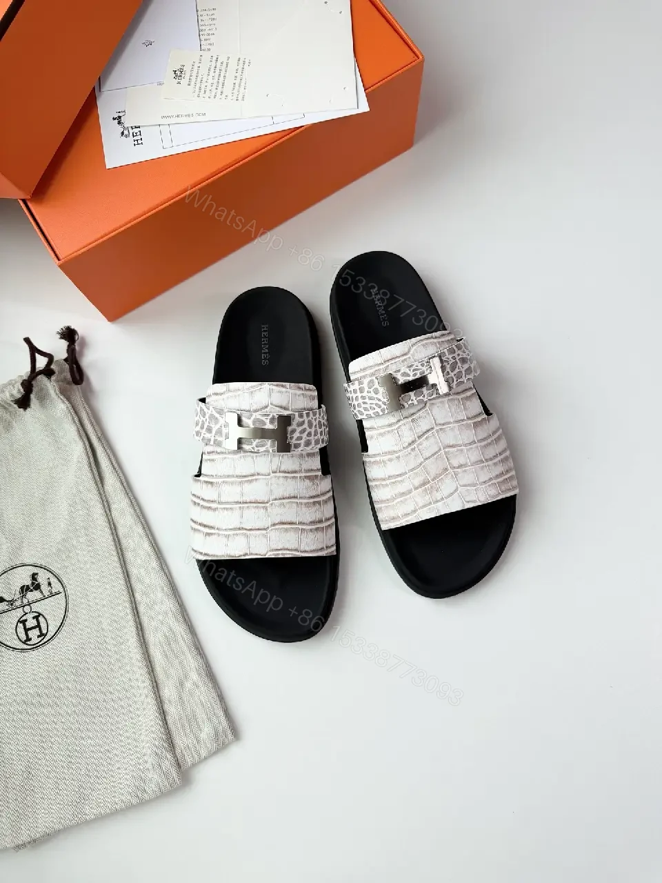 View 10 of White Crocodile-Texture Leather Slides Hermes Style Belt Sandals
