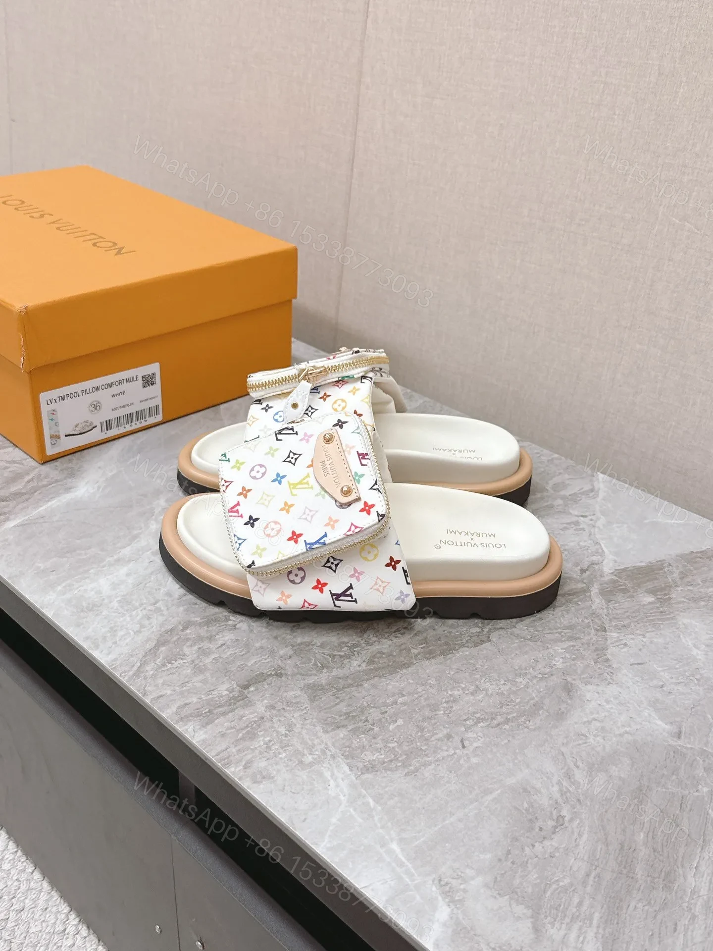 View 5 of LV Women White Leather Multicolor Logo Mules