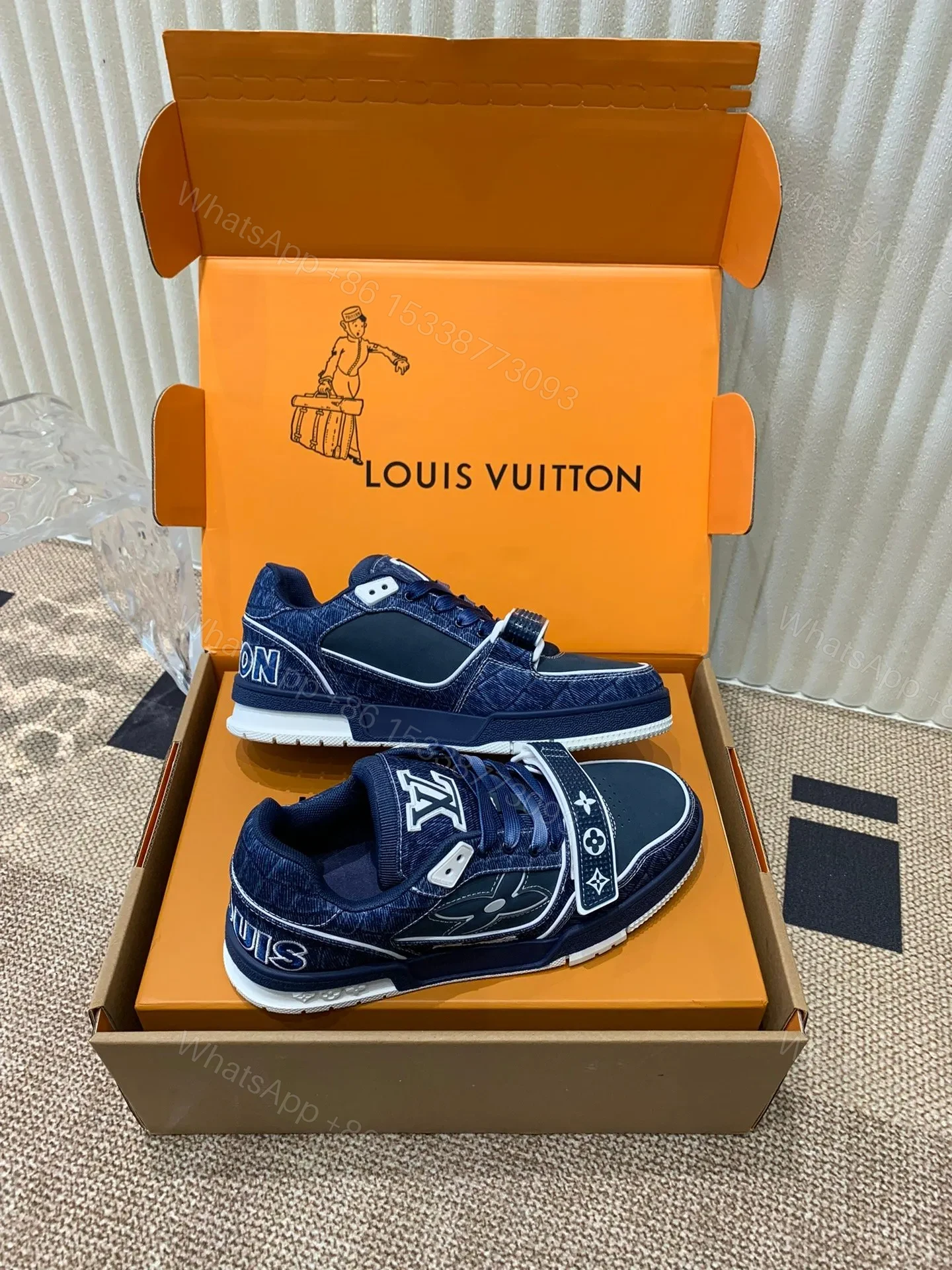 View 2 of LV Women Navy Canvas Leather Sneakers