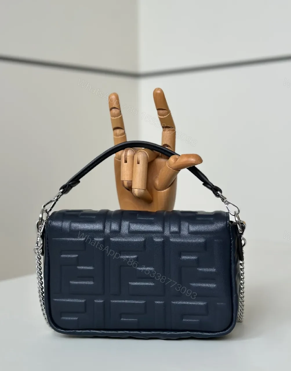 View 8 of Structured Quilted Navy Leather Shoulder Bag, Mini with Silver Hardware