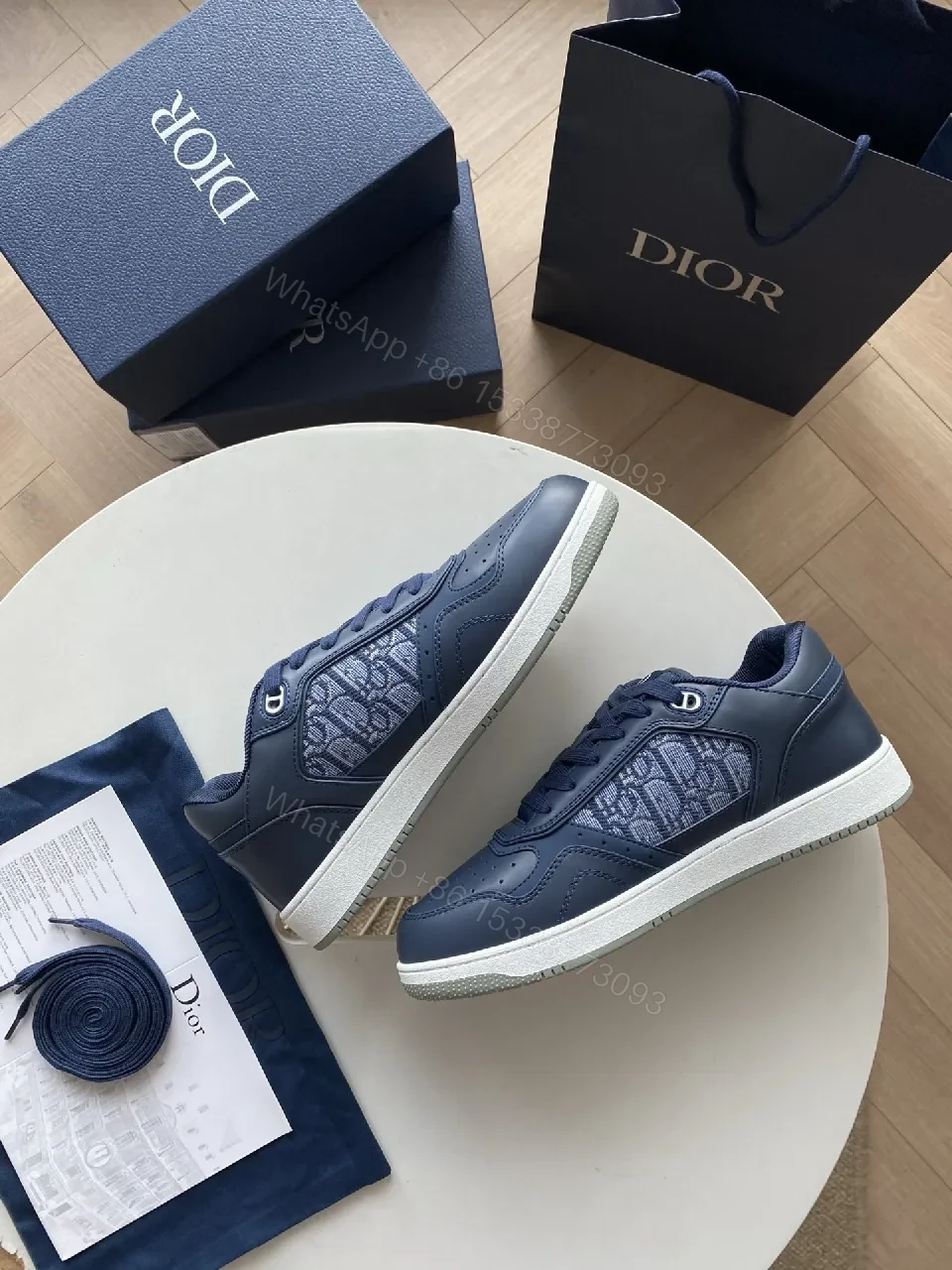 View 9 of Navy Leather Dior-Style Monogram Sneaker with Textured Panels
