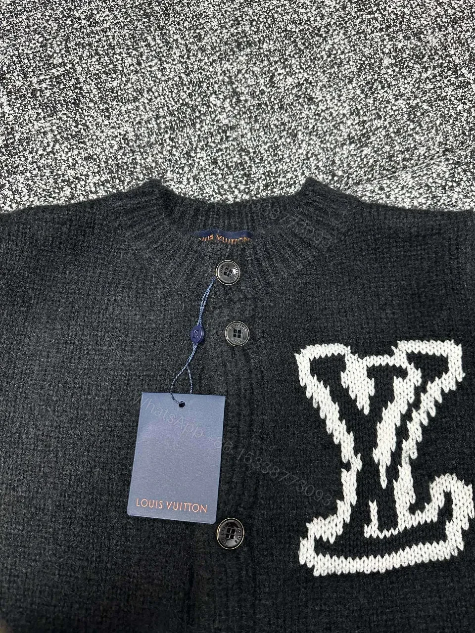 View 4 of Statement Cardigan with Monogram Knit, Black, Unisex, Button Front, Cardigan