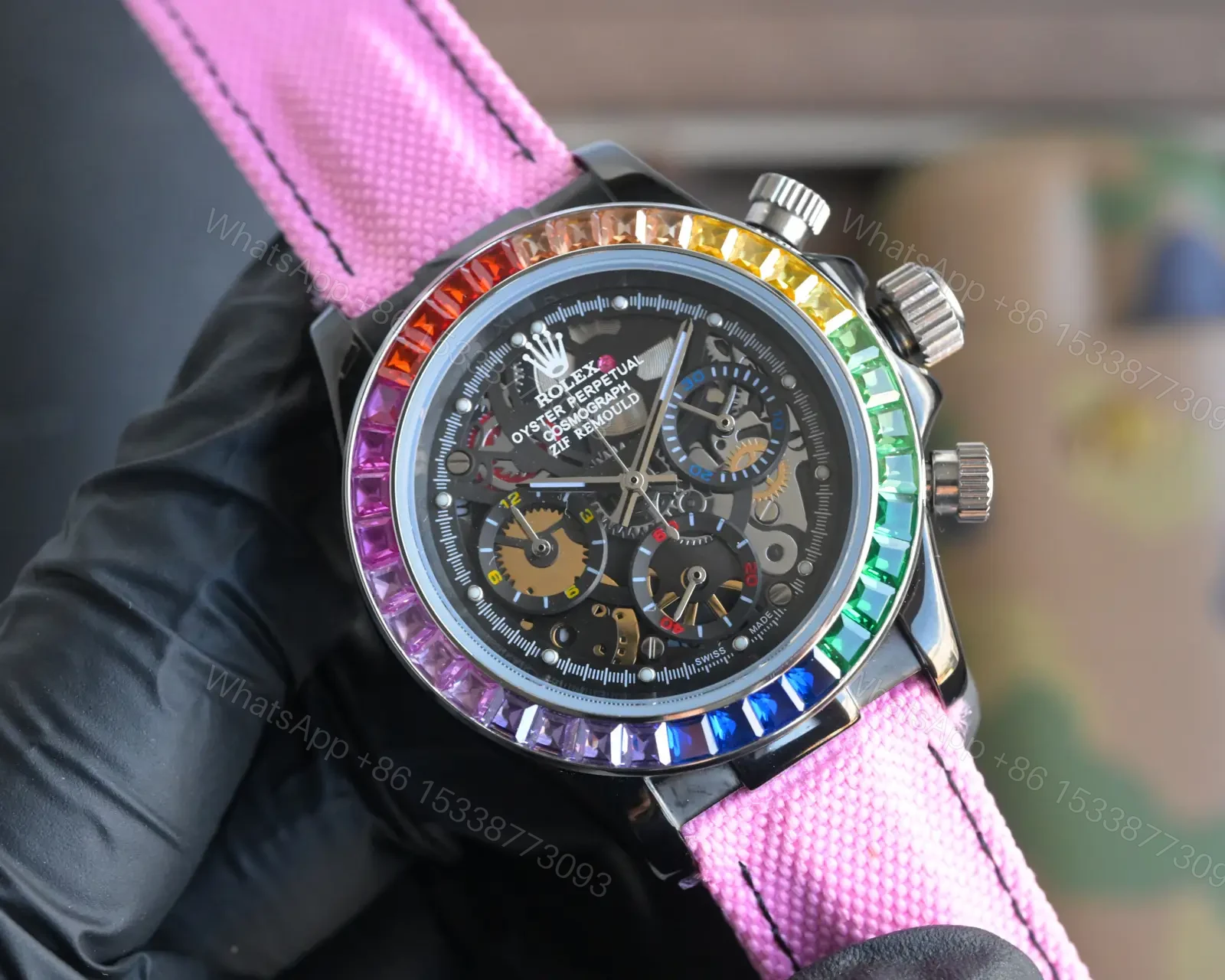 View 2 of Premium Rolex Daytona Rainbow Skeleton Pink Strap replica 40MM Fabric Strap Edition RG-DAYTONA-RAINBOW-SKELETON-PINK-STRAP-40