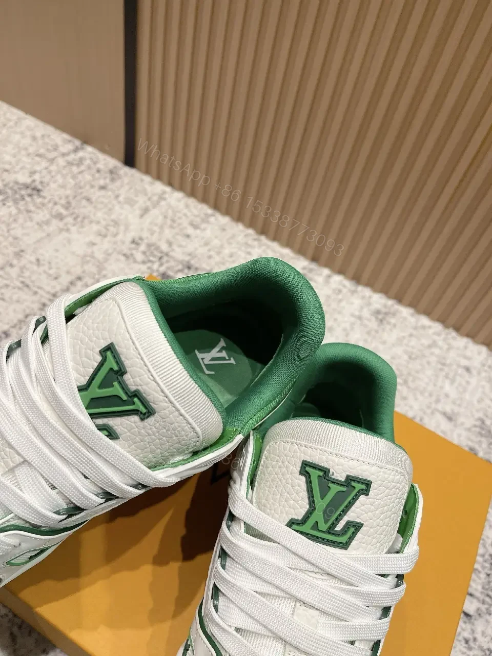 View 5 of White Leather Sneakers with Green Accents: Luxury Everyday Streetwear