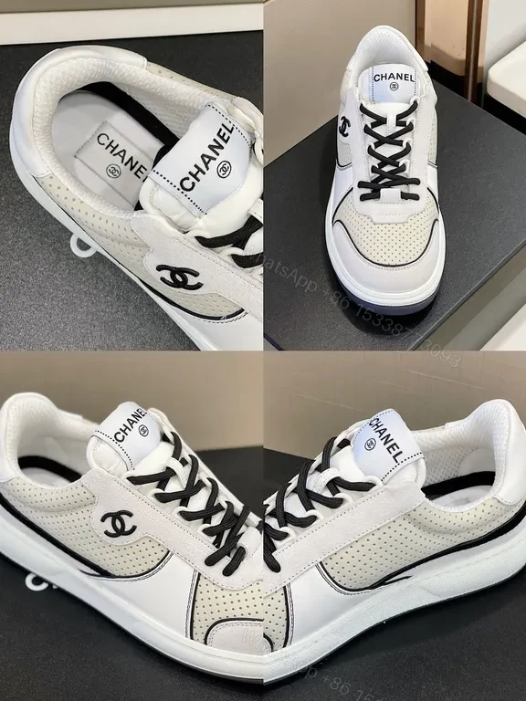 View 8 of Chanel-Inspired White/Black Perforated High-Top Sneaker, Luxury Comfort
