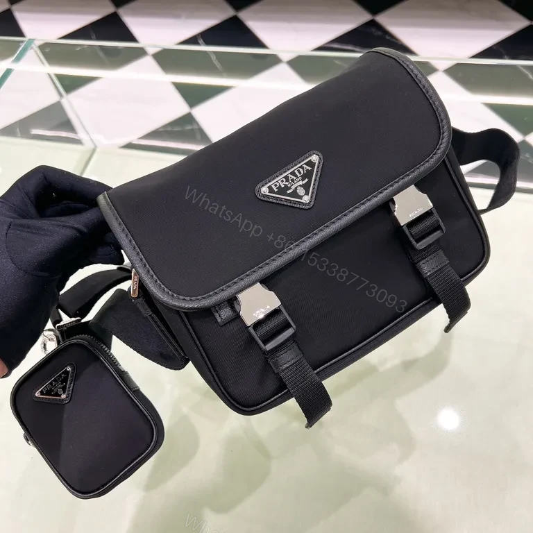 View 3 of Black Nylon Compact Messenger with Prada Logoâ€”Premium Designer Style